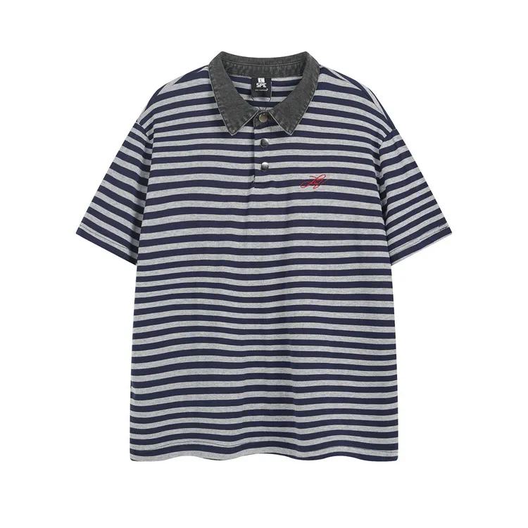美式复古男士Polo衫男款翻领条纹刺绣做旧潮牌宽松夏季短袖上衣