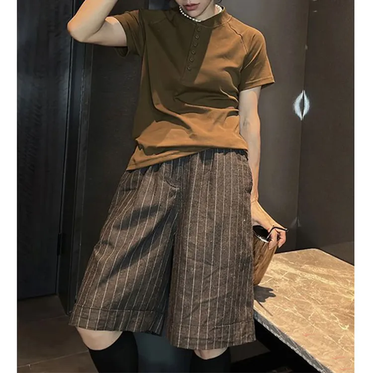 欧洲站2025夏季新款显瘦百搭纯色上衣女时尚休闲条纹五分裤两件套