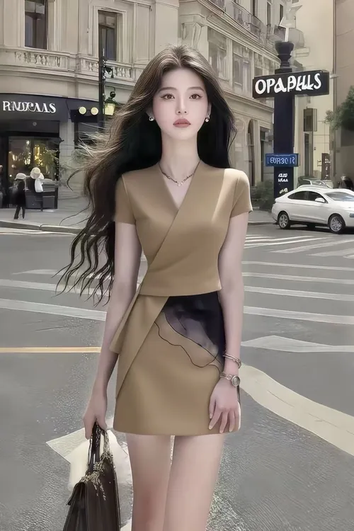 轻奢修身短款卡其色时尚套装气质高腰修身显瘦两件套高级小众风