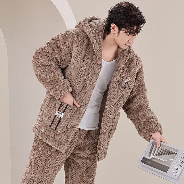 睡衣男士秋冬季三层加厚保暖加绒夹棉袄珊瑚绒2025新款家居服套装