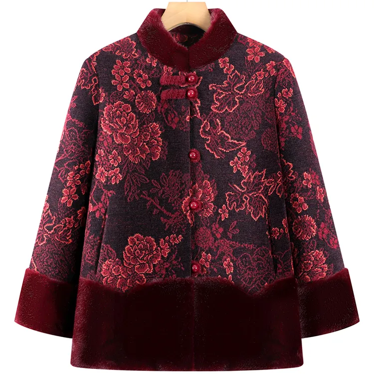 中老年女装冬装大衣加绒加厚妈妈装立领保暖棉衣老太太仿貂绒外套