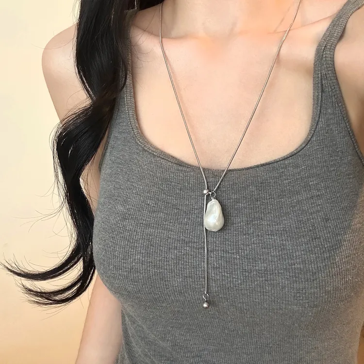 合金项链 抽拉巴洛克珍珠项链女轻奢小众高级感颈链可调节毛衣链