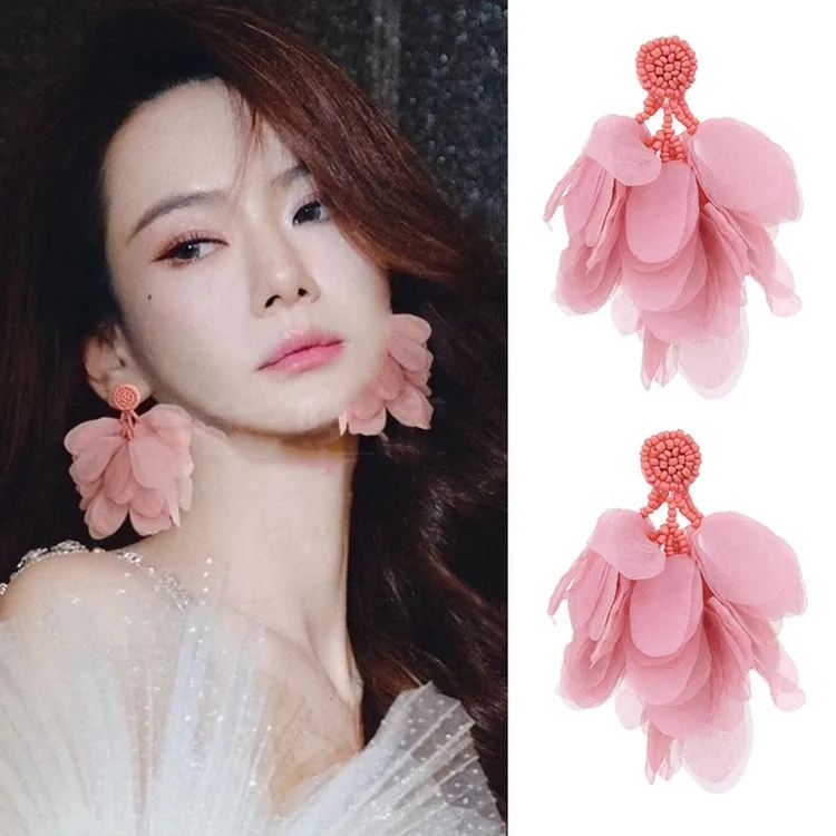铜合金耳饰 戚薇同款耳环粉色花瓣流苏耳饰2025春夏旅游度假耳钉