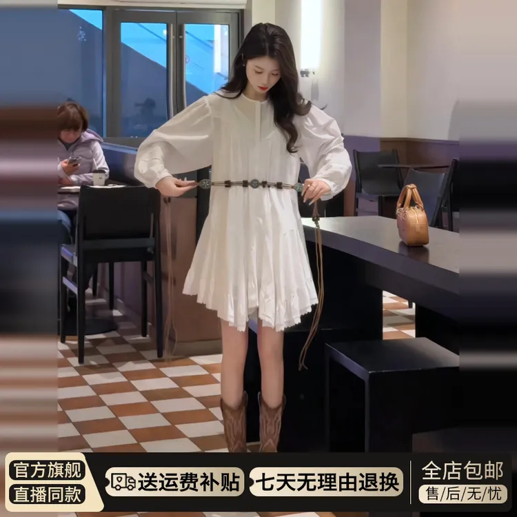 小个子巨好看度假风白色衬衫连衣裙子女秋季2025新款波西米亚短裙