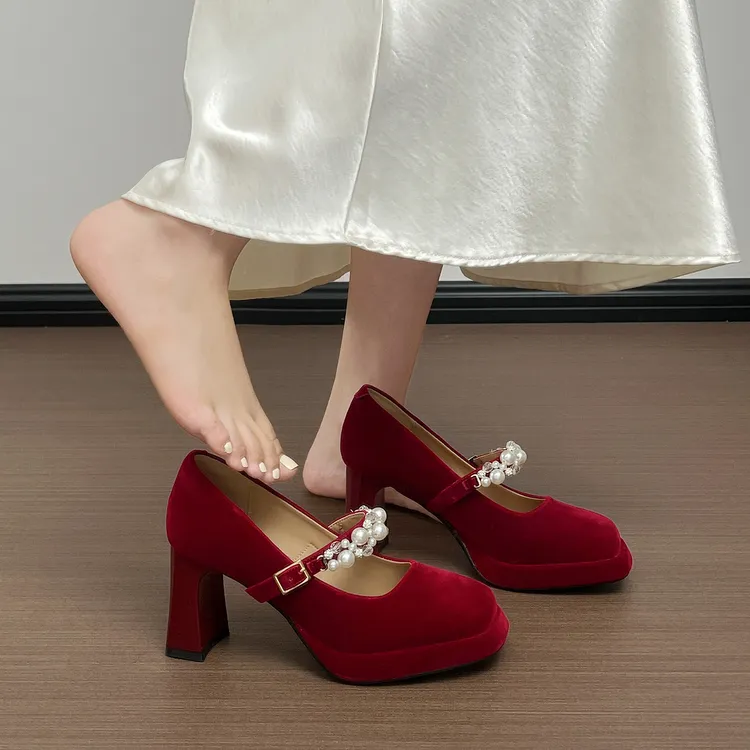 红色高跟鞋女粗跟厚底防水台增高玛丽珍婚纱姐妹团伴娘鞋新娘鞋子