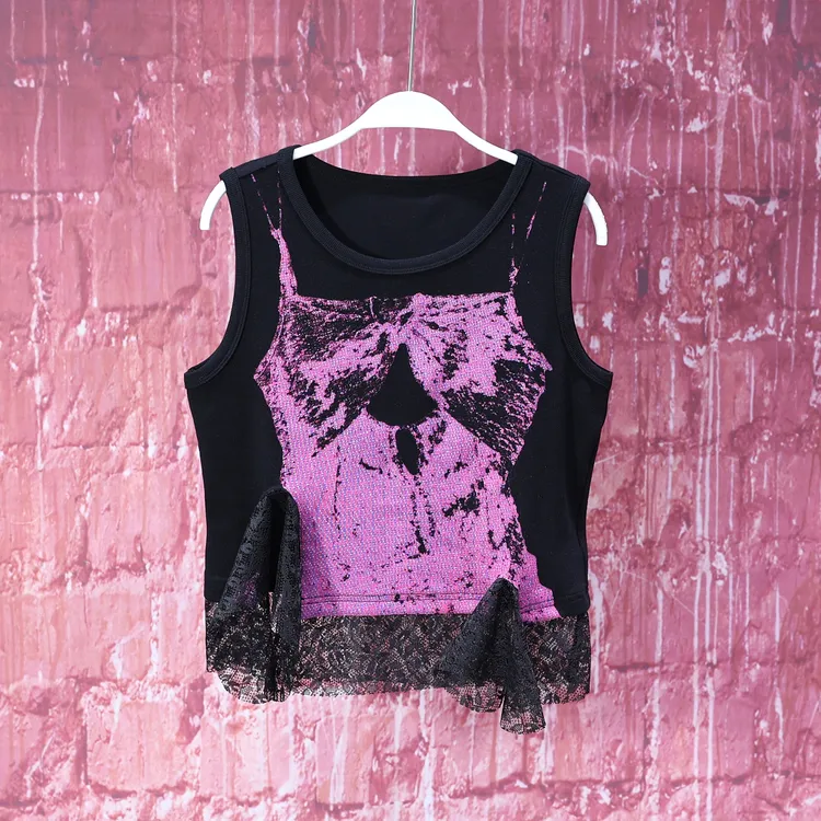 【l亮哥女装】2025夏简约轻薄午夜黑印花拼接蕾丝时尚背心7580A