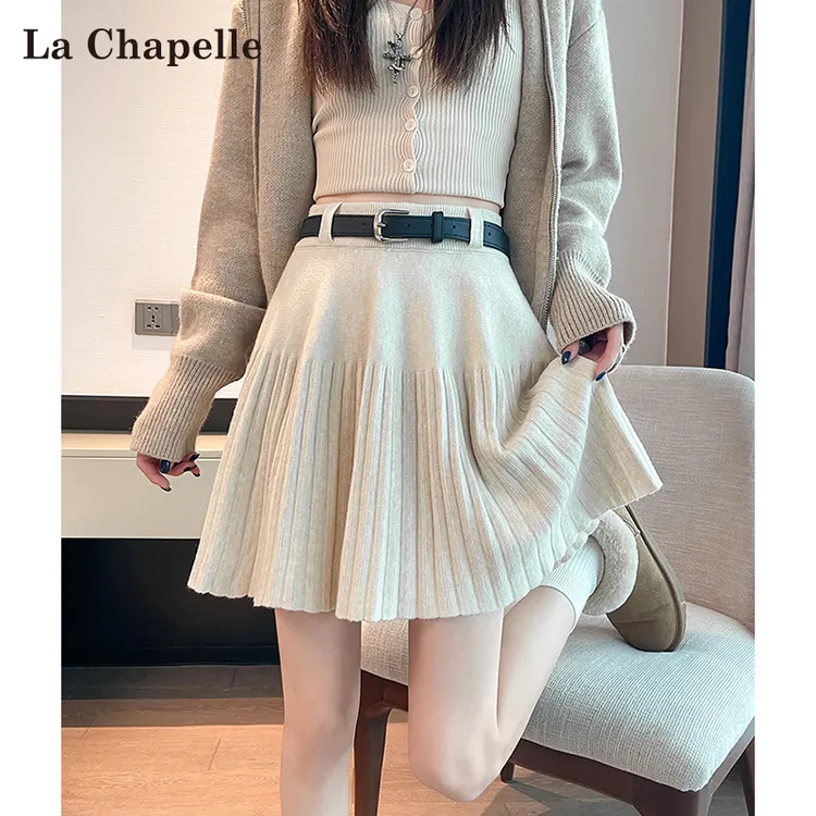 拉夏贝尔软糯百褶裙半身裙女秋冬新款气质高腰百搭针织A字短裙子