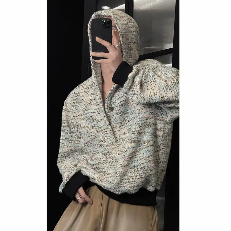 秋季新品美式设计感混色针织连帽卫衣男潮牌宽松休闲毛衣