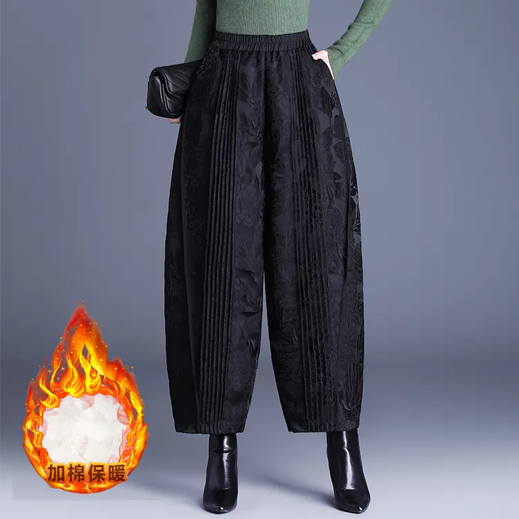 国风提花妈妈高端休闲靴裤女秋冬新款保暖丝绵加厚棉裤九分灯笼裤