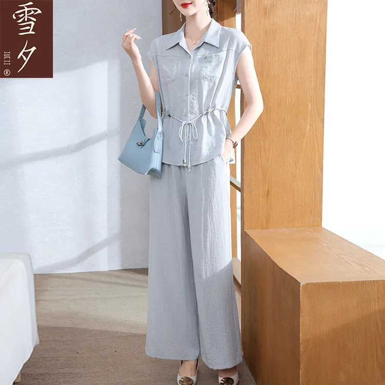 妈妈夏装纯色套装中老年女装舒适翻领衬衫短袖上衣2025新款两件套