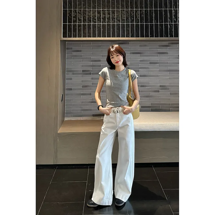 王家有鱼2025夏季新款白色小个子长裤阔腿裤时尚百搭显瘦牛仔裤女