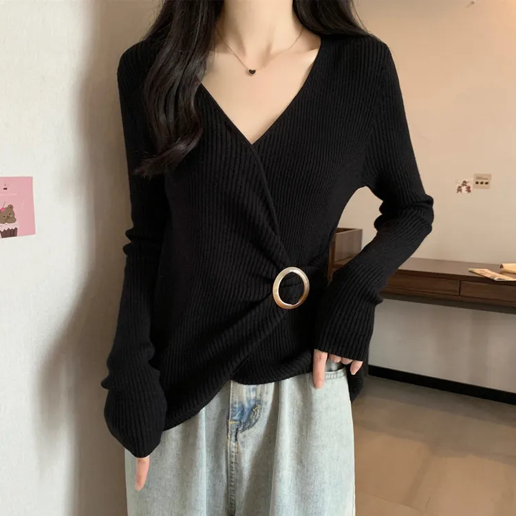 大码胖mm秋冬毛衣显瘦洋气内搭遮肚子v领设计感斜开叉针织衫上衣