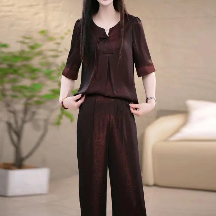 时尚冰丝缎两件套装裤子2025新款女春夏高档轻奢遮肉显瘦上衣长裤