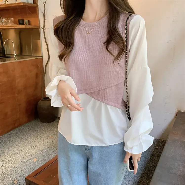 气质拼接不规则假两件长袖衬衫女设计感小众春秋新款上衣