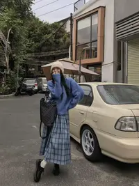 A429-韩系学院风A字百褶毛边半身裙春秋女宽松长款高腰百搭裙子