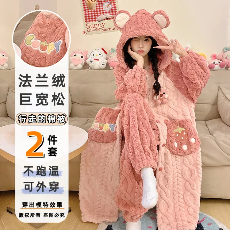 跨境珊瑚绒睡袍女冬季加绒加厚新款可爱甜美法兰绒套装家居服工厂