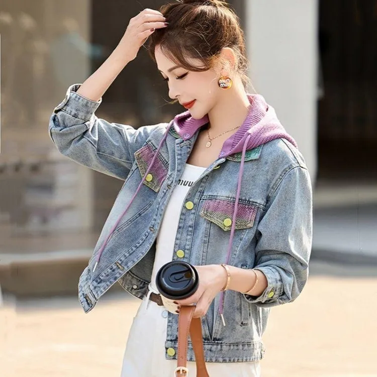 撞色针织连帽牛仔外套女欧洲站2025早春新款韩版气质百搭显瘦夹克