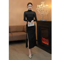 3173夏季上新黑色法式复古网纱防晒开叉连衣裙女