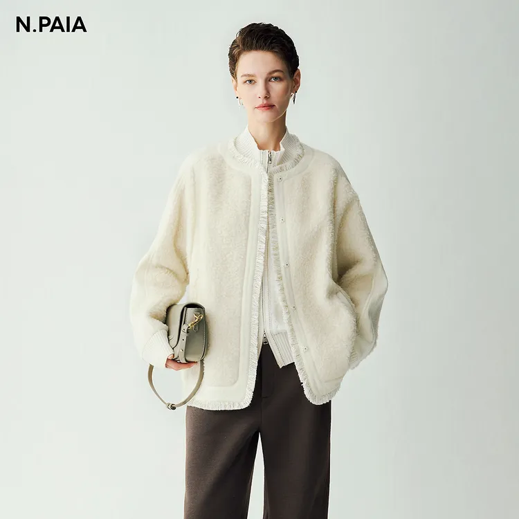 恩派雅秋新款牦牛绒针织底摆流苏茧型毛呢短外套女XNJIR1216A