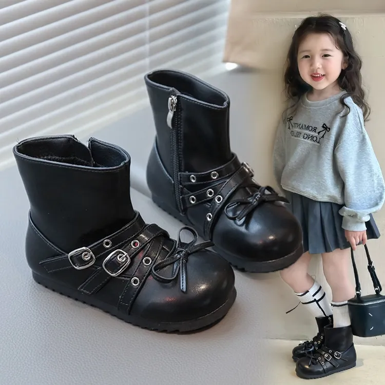ABC 女童洋气公主风马丁靴2025秋冬新款蝴蝶结靴子短靴英伦风皮靴