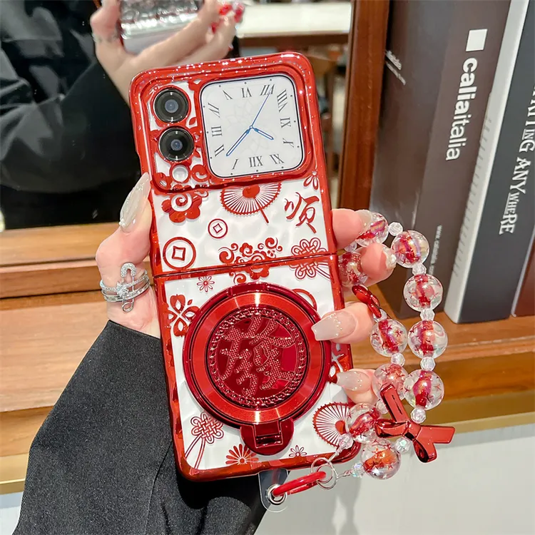 春节红色透明发财支架适用华为novaflip手机壳折叠pocket2防摔女
