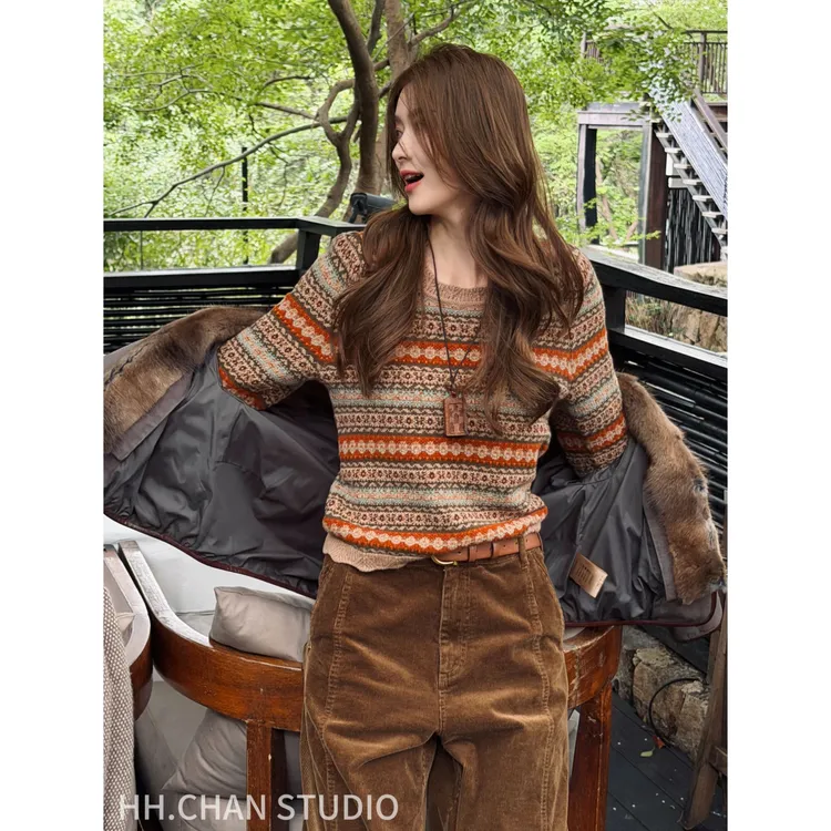 HH.CHAN“糖果”100%绵羊毛RL限定费尔岛花瓣领高难度毛衣HH5338477