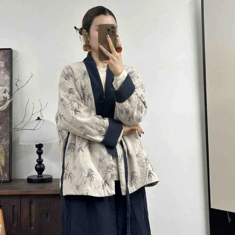 2025冬季新款麻雀亚麻棉服偏襟文艺宽松松弛感短款系带茶服