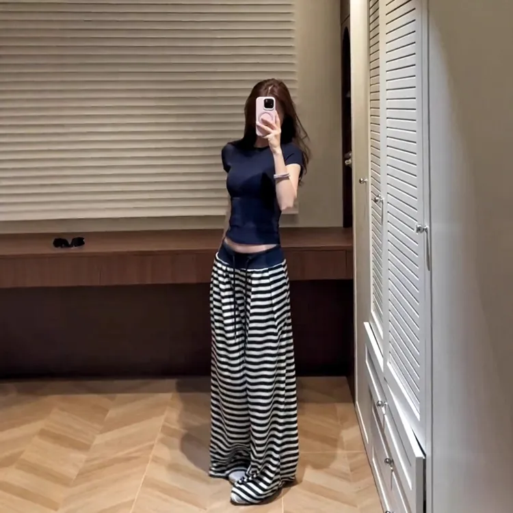 藏青条纹阔腿裤女2025秋季新款高腰垂感宽松显瘦百搭休闲拖地长裤
