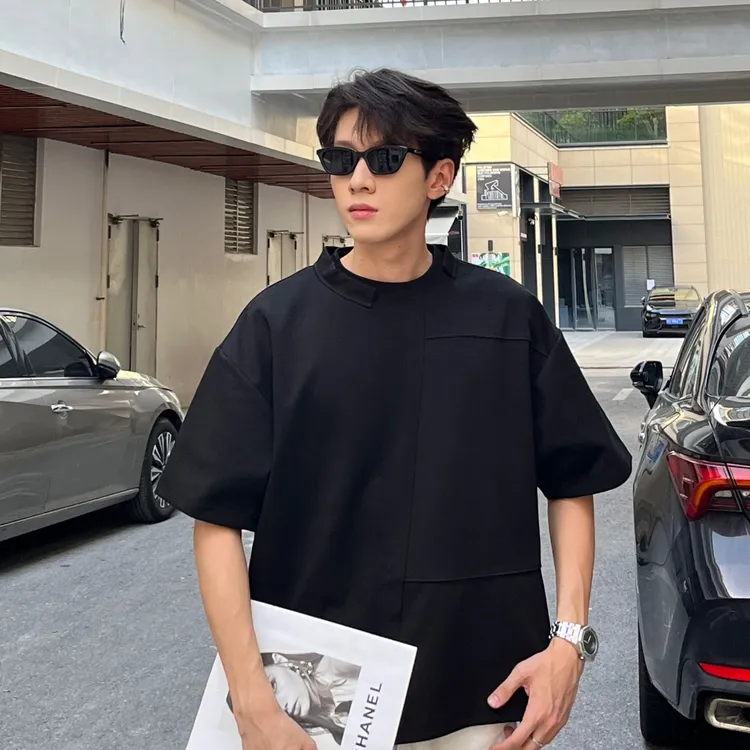 拼接设计款轻奢痞帅男装短袖男t恤休闲夏季新款宽松港风美式半袖