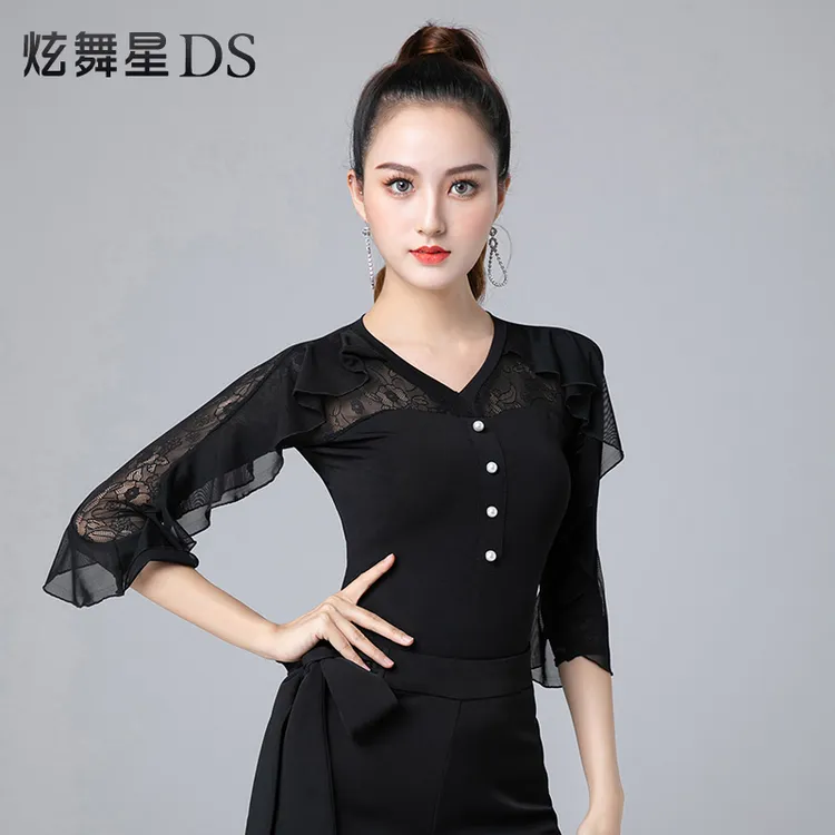 拉丁舞练功服时尚高级荷叶边摩登舞服新款交谊舞衣国标舞蹈上衣女