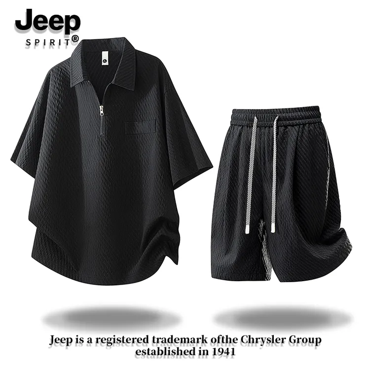 JEEPSPIRIT吉普套装男士夏季宽松百搭美式复古短袖POLO衫