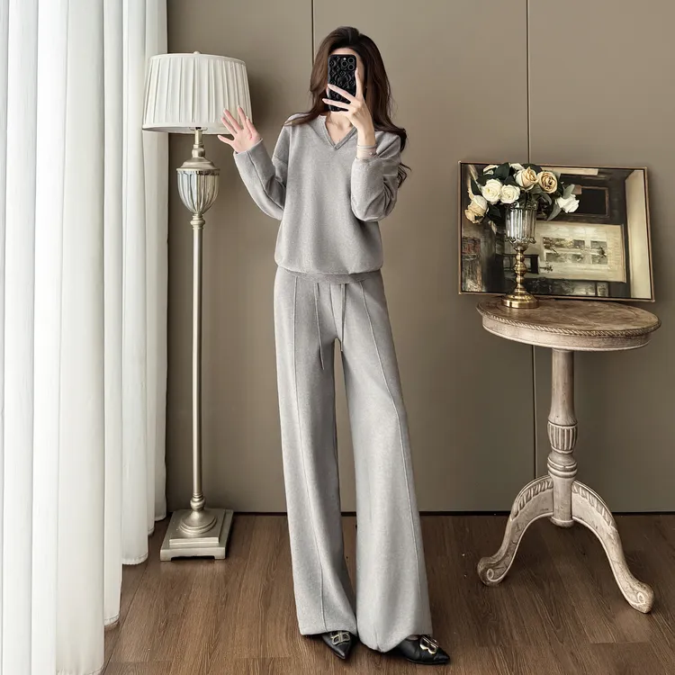 针织套装女高级感秋季新款时尚毛衣打底衫V领纯色长裤高端两件套