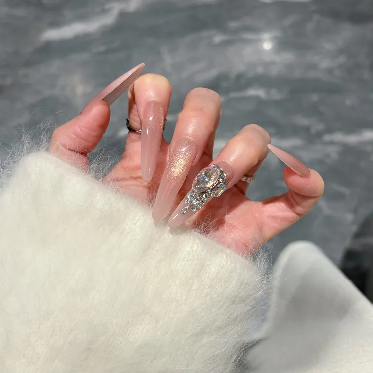 【928】柚米穿戴甲 温柔风裸杏色粉碎钻美甲显白长款纯手工穿戴甲