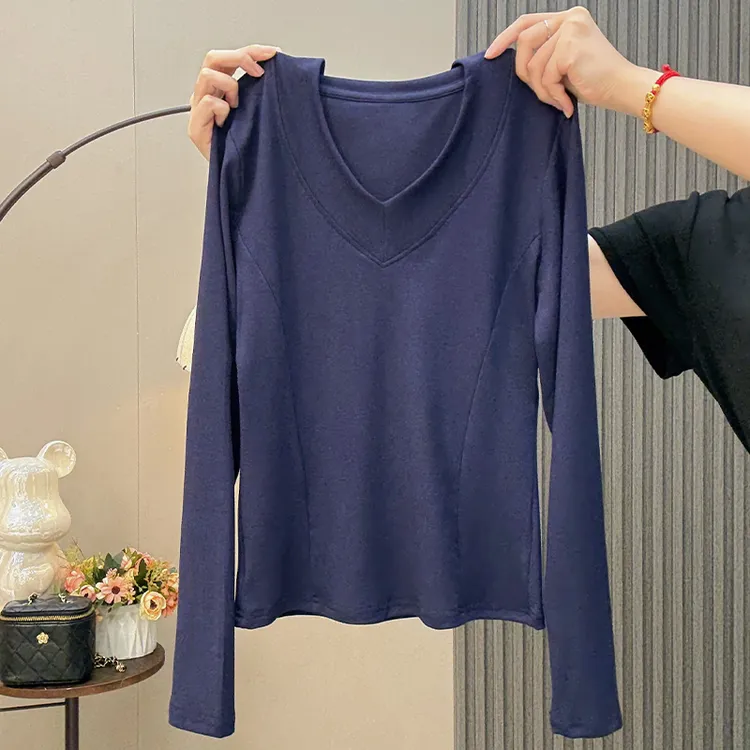 纯欲V领打底衫女秋冬贴身显瘦内搭长袖T恤设计感收腰正肩百搭上衣