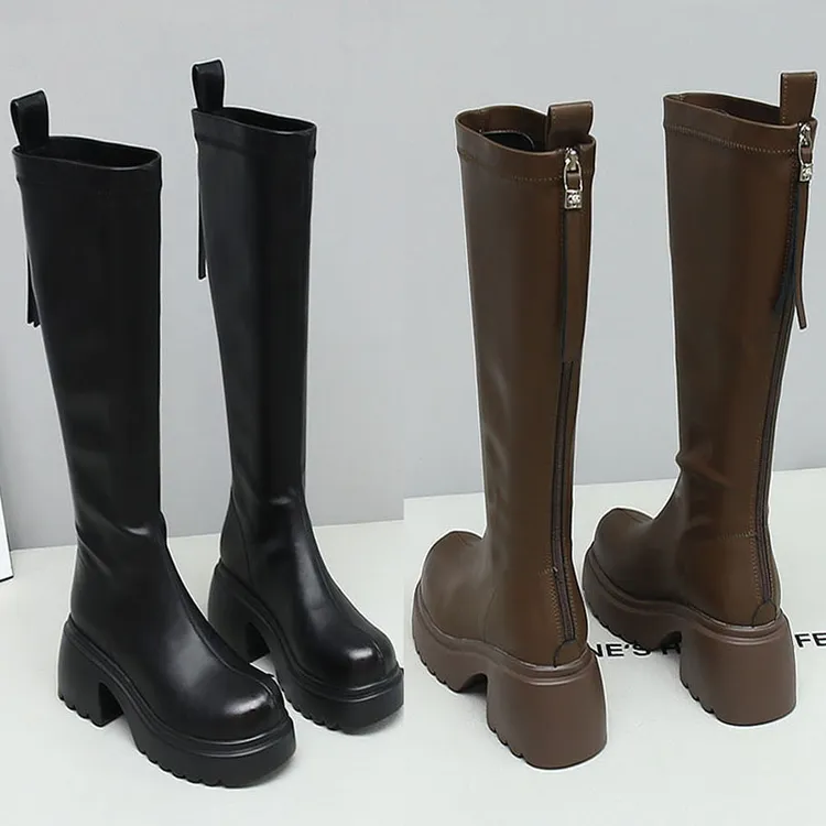 8815【单靴/ 二棉】平口小个子高跟不过膝长靴女秋冬高筒弹力骑士靴
