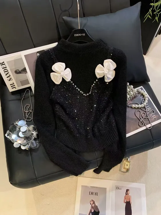 ZHOUYI/周一 2025秋季立体白色花朵闪钻假两件法式轻奢亮片针织衫
