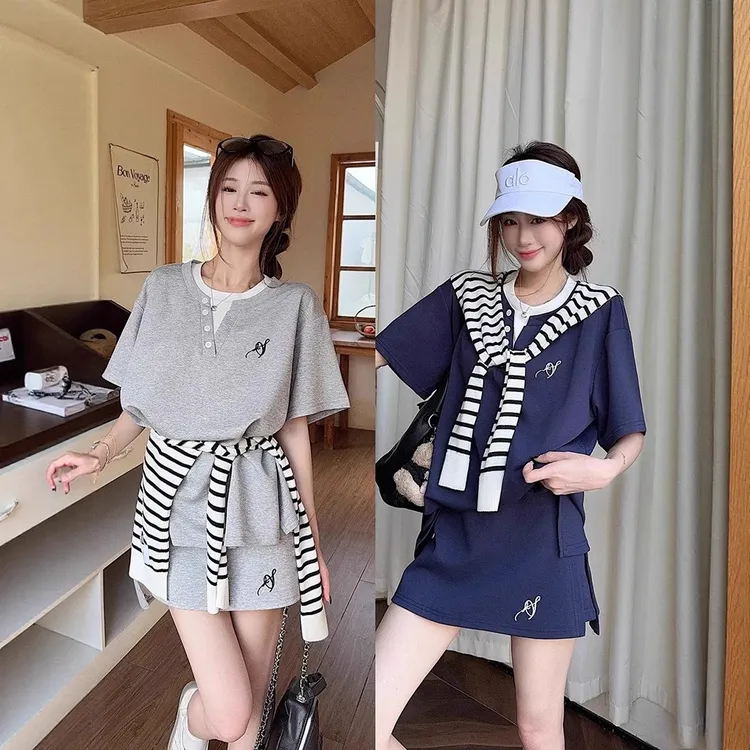 【嘻嘻专属】新款刺绣夏季韩系减龄休闲披肩假两件套装女慵懒运动风T袖8235
