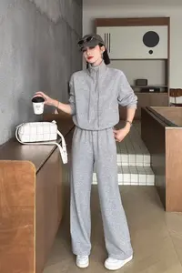 【韩衣舍】休闲运动套装短款华夫格卫衣开衫洋气宽松长裤韩版休闲