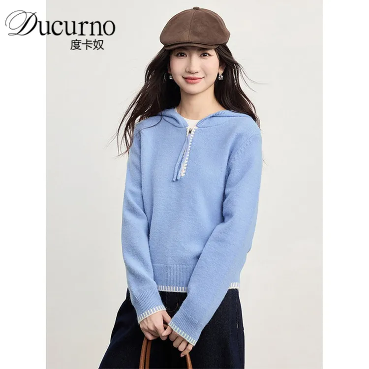 复古连帽毛衣女2025年冬季新款气质宽松休闲半开襟拉链针织帽衫