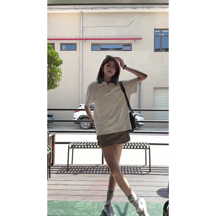 2025新款女士春夏季美式半拉链polo衫翻领短袖T恤高腰显瘦半身裙