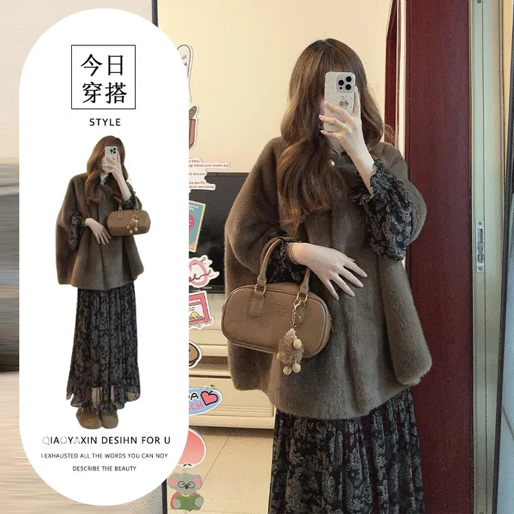 韩系千金风穿搭套装秋冬季绝美独特超好看的外套碎花连衣裙两件套