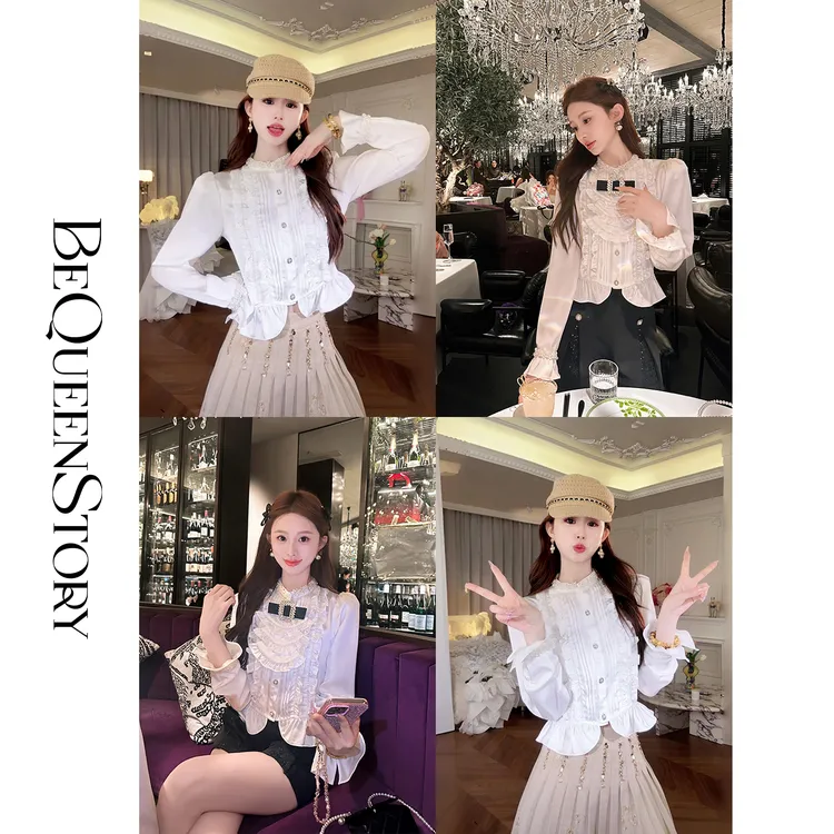 韩韩IU【缇香莉莉安】复古优雅法式宫廷风可拆卸搭片修身短款衬衫