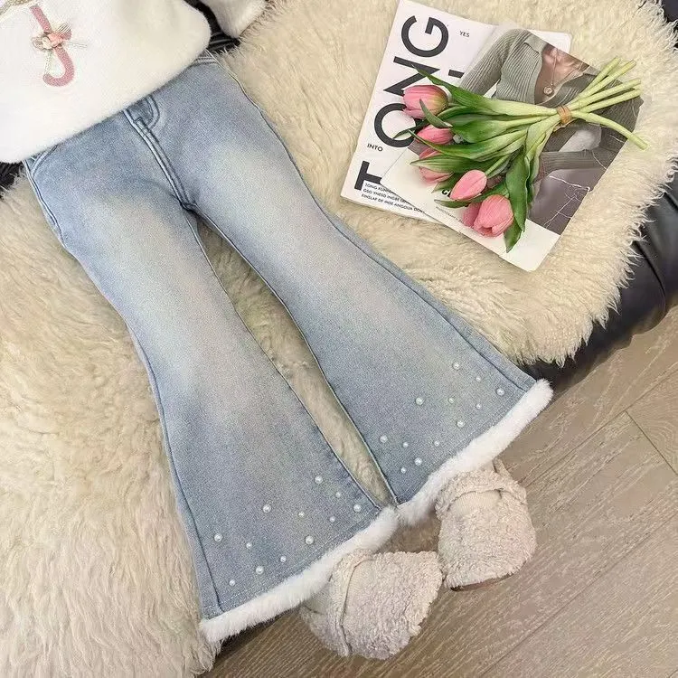 【思晨家】退货运补女童裤子珍珠新款加绒喇叭长裤儿童宝洋气牛仔裤