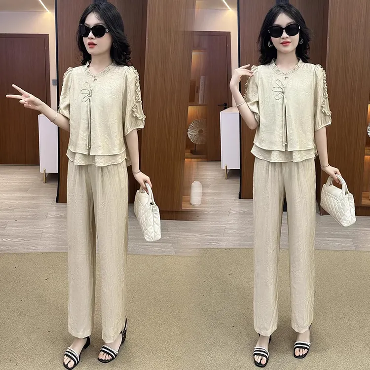 时尚套装女2025夏季新款洋气遮肉显瘦假两件短袖上衣阔腿裤两件套