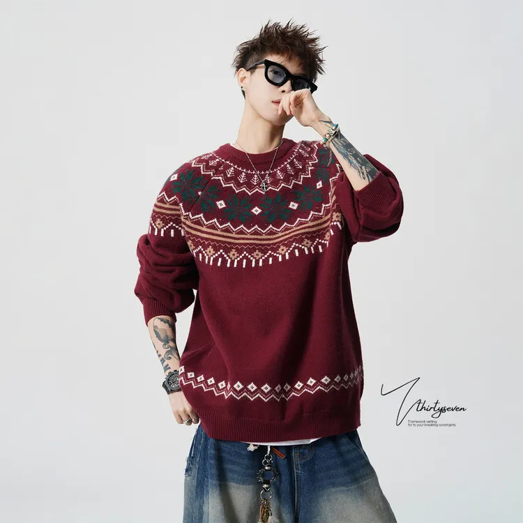 V37美式酒红色费尔岛提花圆领毛衣男冬宽松松弛情侣针织衫外套潮