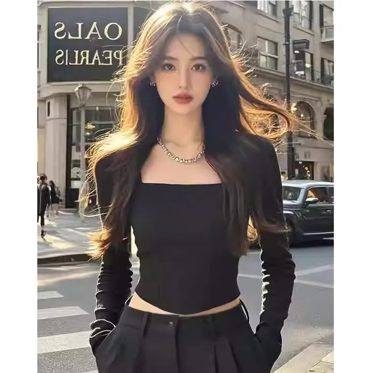 2025春季新款独特甜辣妹黑色方领长袖打底衫女设计感小众修身上衣
