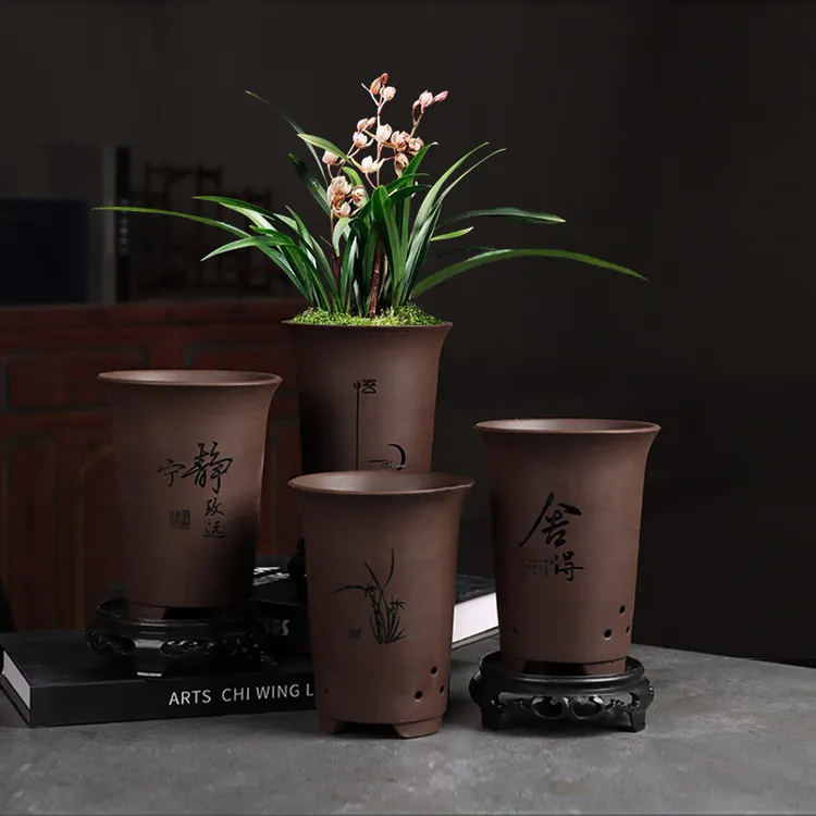 手工紫砂兰花盆陶瓷兰花盆君子盆专用盆紫砂多肉老桩盆景盆带托盘