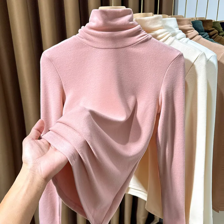 堆堆领双面磨毛德绒打底衫女秋冬长袖内搭T恤一体绒保暖气质小衫