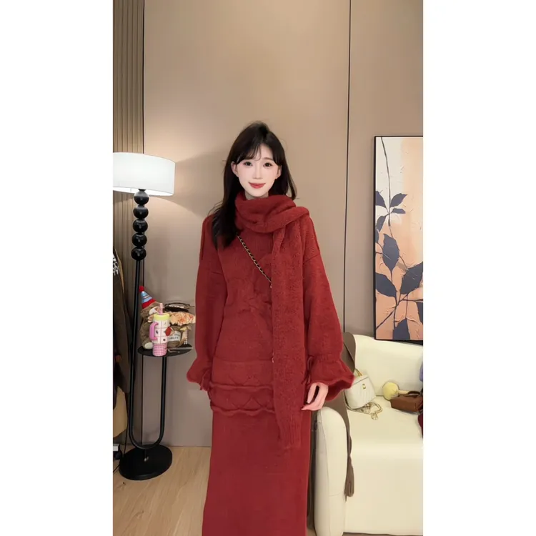 洋气针织围巾三件套毛衣女蝴蝶结半身长裙套装秋冬加厚时尚#908