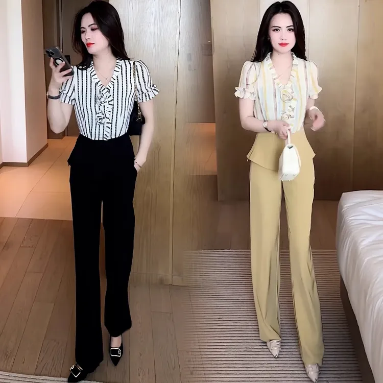 时尚套装女2025夏季新款洋气显瘦条纹短袖上衣阔腿裤减龄两件套